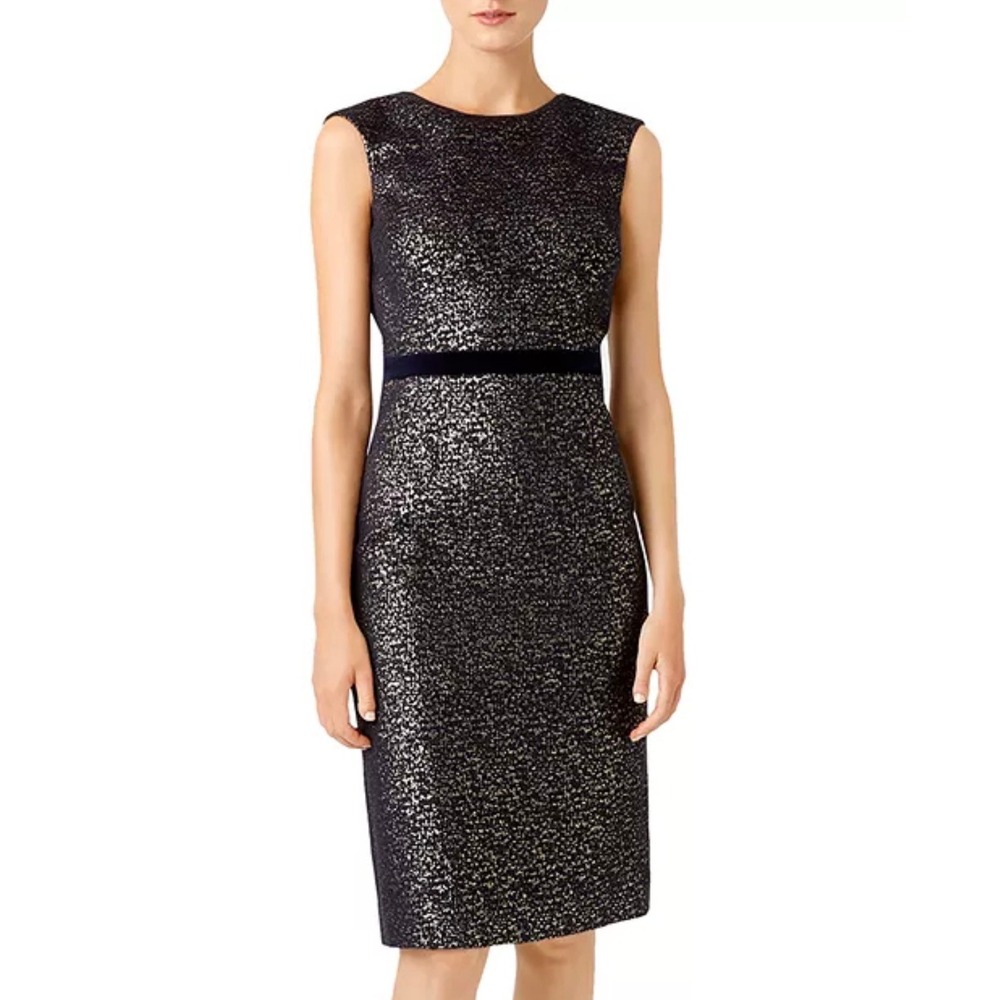 NWT Hobbs London Eira Metallic Sheath Dress 10 Navy Blue Gold Velvet Waist Midi